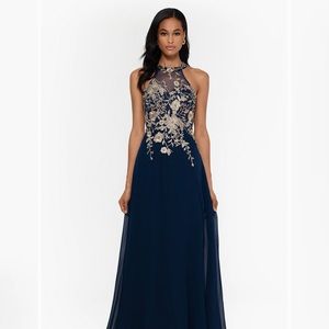 Best & Adam "CELESTE" LONG EMBROIDERED CHIFFON GOWN SLEEVELESS in navy. NWT